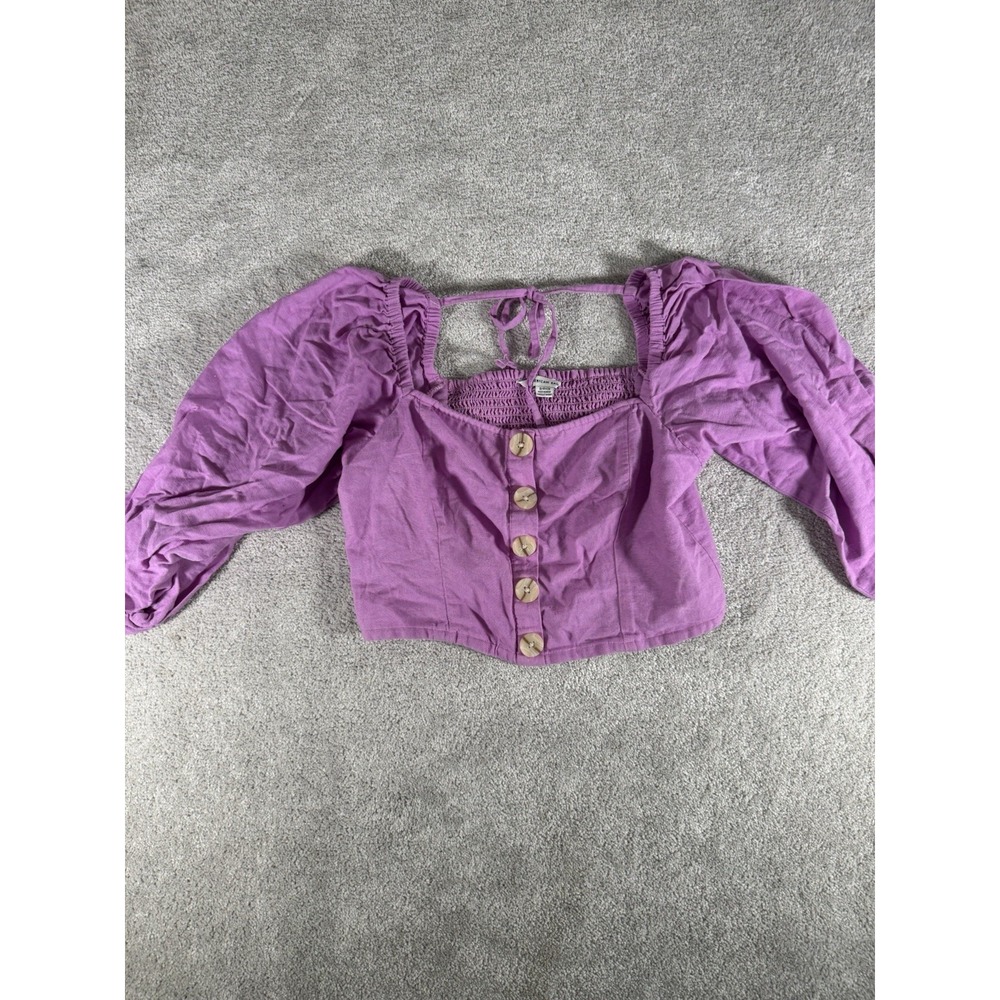 American Eagle Linen Button Crop Top Puff Balloon Sleeve Purple Women's Small